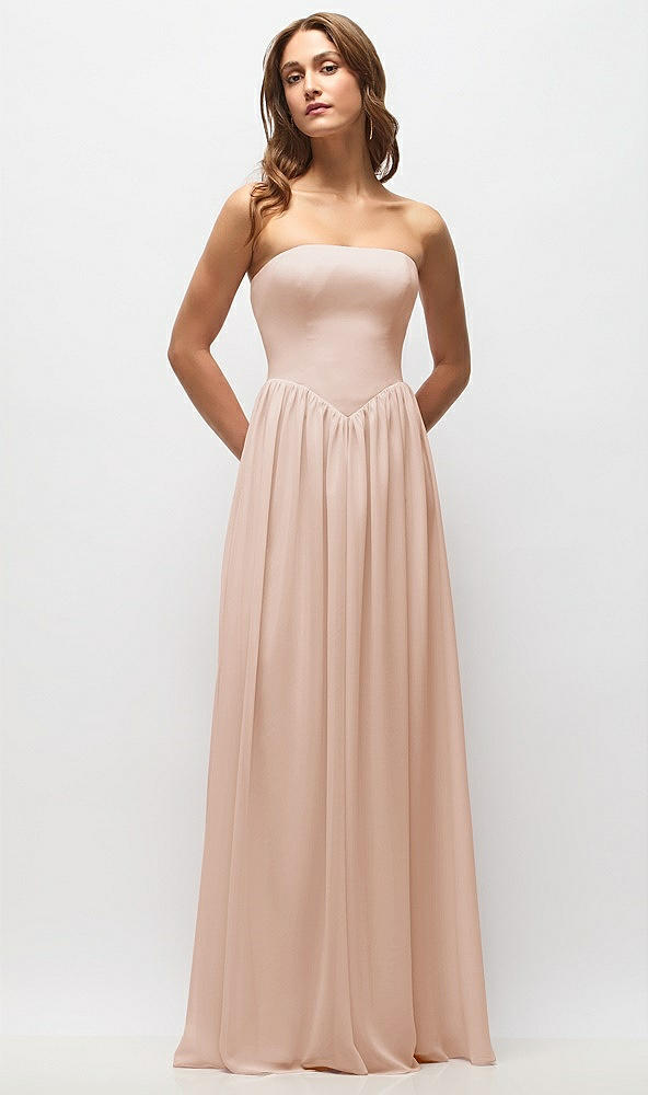 Front View - Cameo Strapless Basque Drop Waist Chiffon Maxi Dress with Shirred Skirt