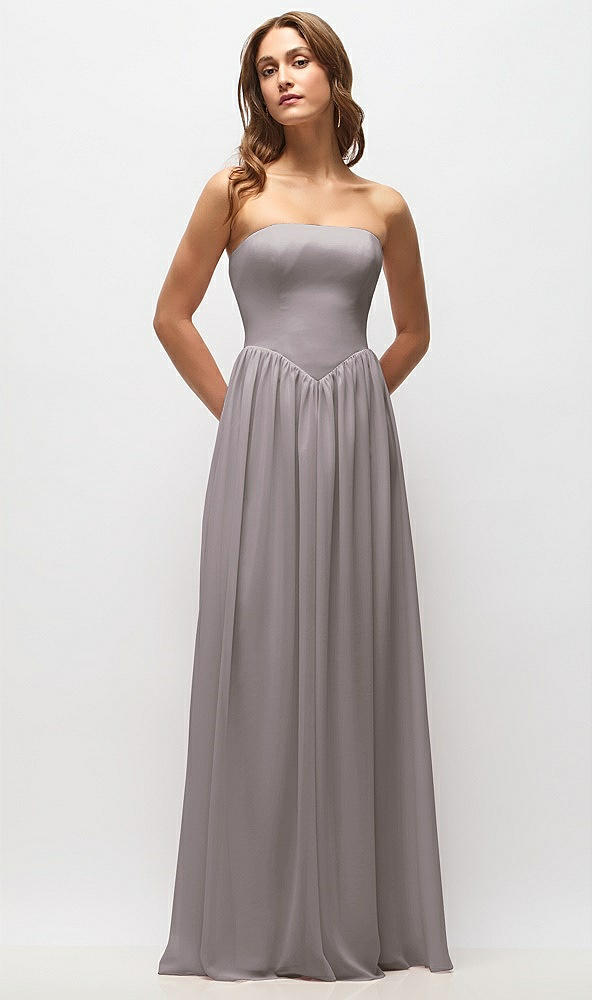 Front View - Cashmere Gray Strapless Basque Drop Waist Chiffon Maxi Dress with Shirred Skirt