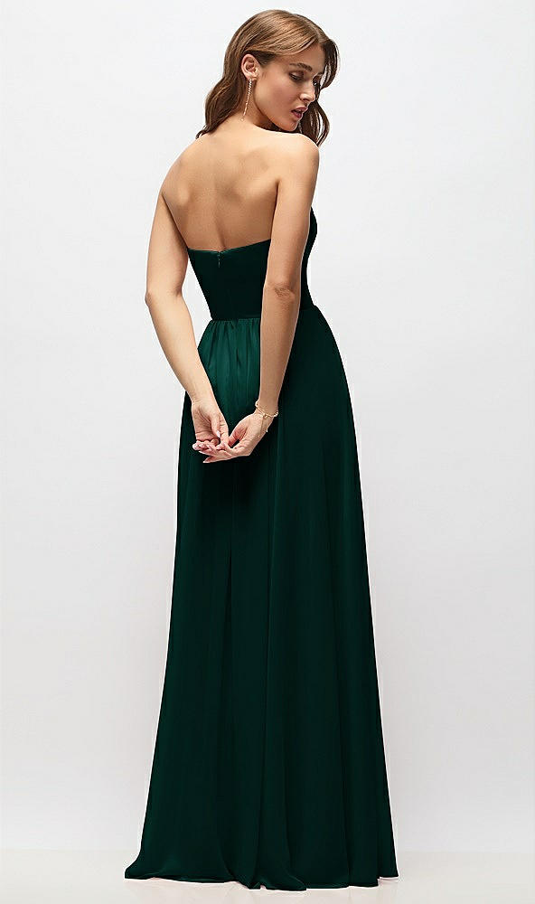 Back View - Evergreen Strapless Basque Drop Waist Chiffon Maxi Dress with Shirred Skirt