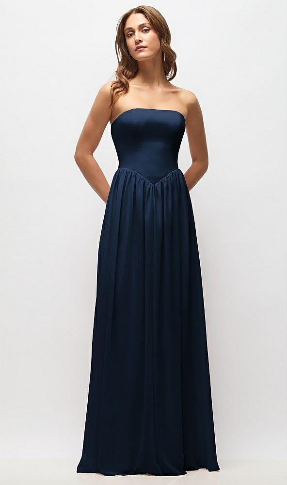Front View - Midnight Navy Strapless Basque Drop Waist Chiffon Maxi Dress with Shirred Skirt