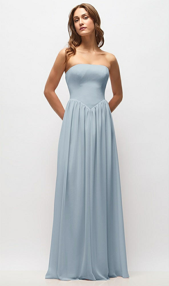 Front View - Mist Strapless Basque Drop Waist Chiffon Maxi Dress with Shirred Skirt