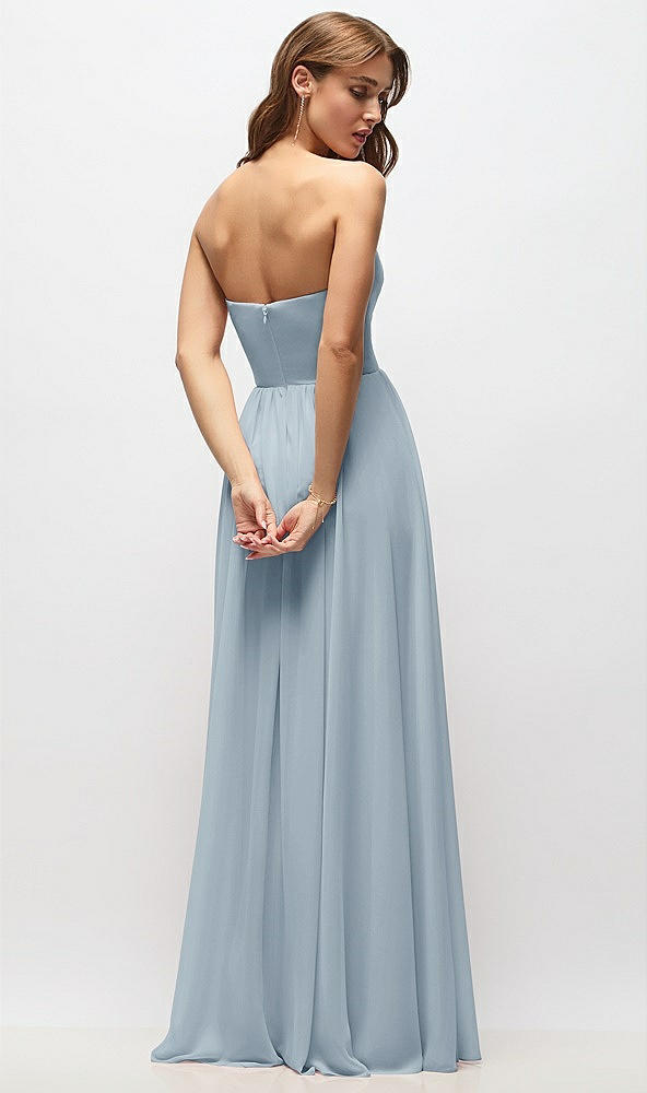 Back View - Mist Strapless Basque Drop Waist Chiffon Maxi Dress with Shirred Skirt