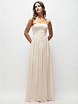 Front View Thumbnail - Oat Strapless Basque Drop Waist Chiffon Maxi Dress with Shirred Skirt