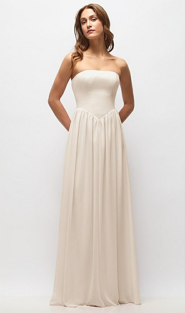 Front View - Oat Strapless Basque Drop Waist Chiffon Maxi Dress with Shirred Skirt