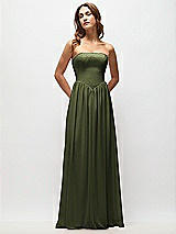 Front View Thumbnail - Olive Green Strapless Basque Drop Waist Chiffon Maxi Dress with Shirred Skirt