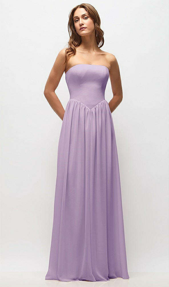 Front View - Pale Purple Strapless Basque Drop Waist Chiffon Maxi Dress with Shirred Skirt