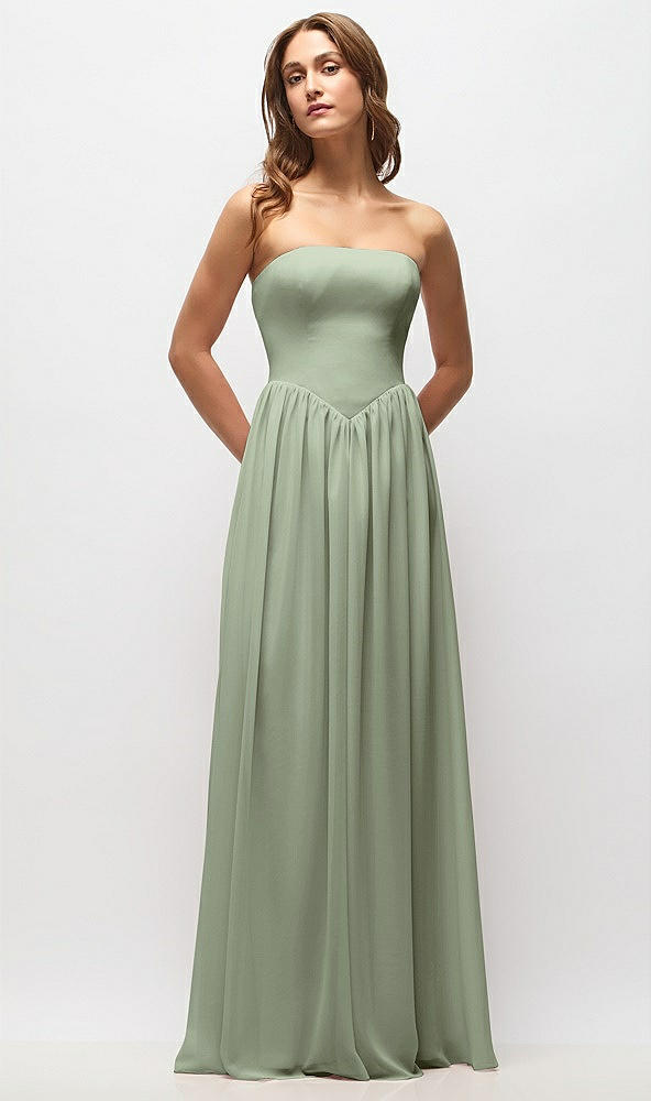 Front View - Sage Strapless Basque Drop Waist Chiffon Maxi Dress with Shirred Skirt