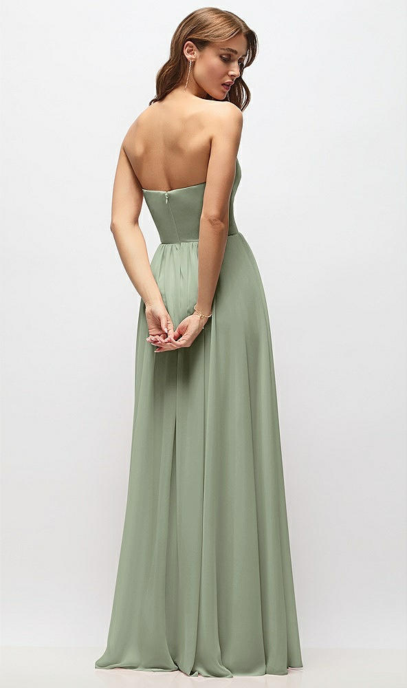Back View - Sage Strapless Basque Drop Waist Chiffon Maxi Dress with Shirred Skirt