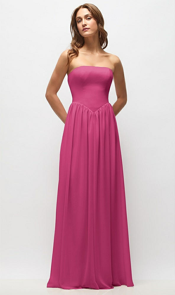 Front View - Tea Rose Strapless Basque Drop Waist Chiffon Maxi Dress with Shirred Skirt