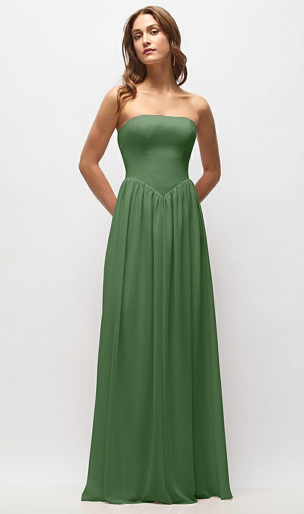 Front View - Vineyard Green Strapless Basque Drop Waist Chiffon Maxi Dress with Shirred Skirt