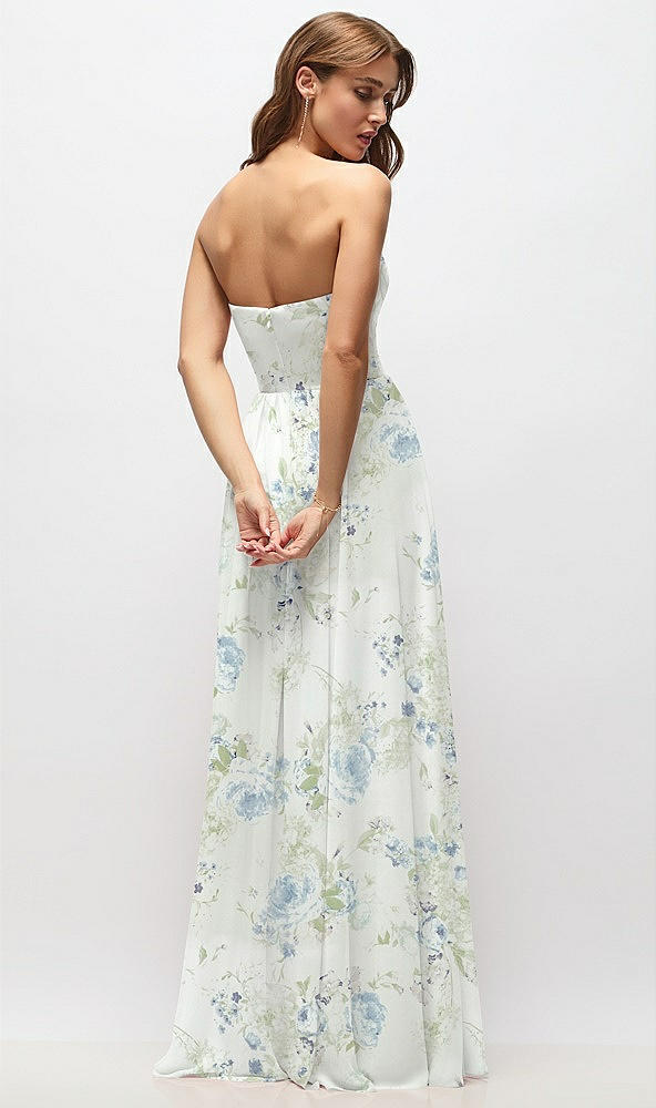 Back View - Bleu Garden Strapless Basque Drop Waist Floral Chiffon Maxi Dress with Shirred Skirt