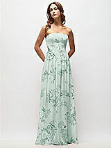 Front View Thumbnail - Mint Green Floral Strapless Basque Drop Waist Floral Chiffon Maxi Dress with Shirred Skirt