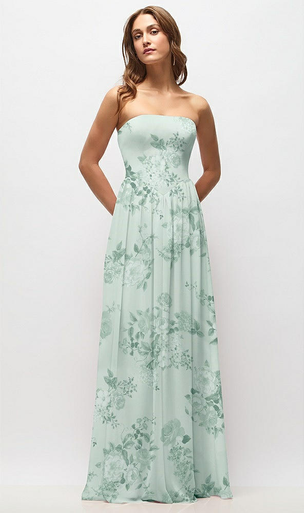 Front View - Mint Green Floral Strapless Basque Drop Waist Floral Chiffon Maxi Dress with Shirred Skirt