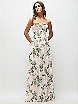 Front View Thumbnail - Palm Beach Print Strapless Basque Drop Waist Floral Chiffon Maxi Dress with Shirred Skirt
