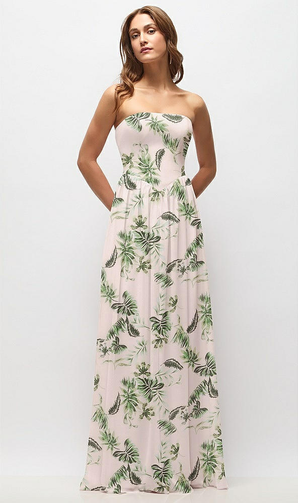 Front View - Palm Beach Print Strapless Basque Drop Waist Floral Chiffon Maxi Dress with Shirred Skirt