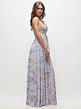 Side View Thumbnail - Butterfly Botanica Silver Dove Strapless Basque Drop Waist Floral Chiffon Maxi Dress with Shirred Skirt