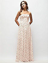 Front View Thumbnail - Coquette Floral Print Strapless Basque Drop Waist Floral Chiffon Maxi Dress with Shirred Skirt