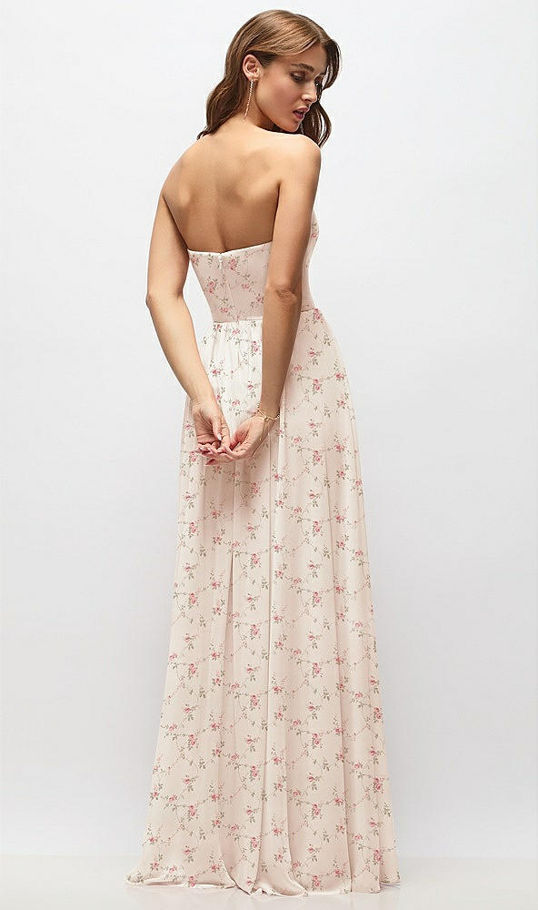 Back View - Coquette Floral Print Strapless Basque Drop Waist Floral Chiffon Maxi Dress with Shirred Skirt
