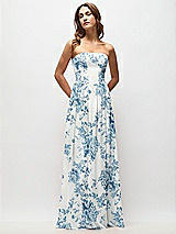 Front View Thumbnail - Cottage Rose Dusk Blue Strapless Basque Drop Waist Floral Chiffon Maxi Dress with Shirred Skirt