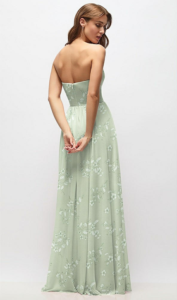 Back View - Vintage Primrose Sage Strapless Basque Drop Waist Floral Chiffon Maxi Dress with Shirred Skirt