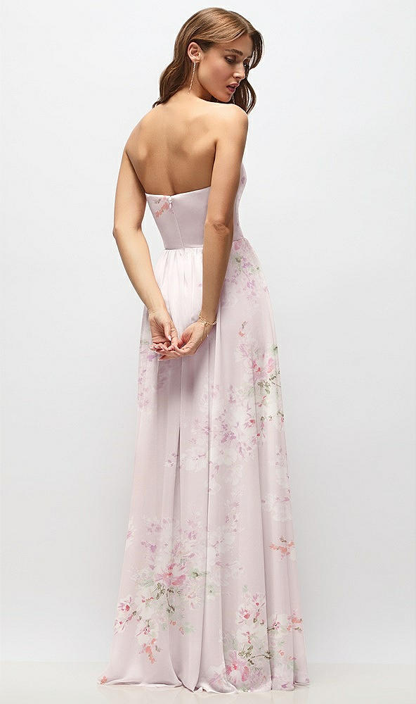 Back View - Watercolor Print Strapless Basque Drop Waist Floral Chiffon Maxi Dress with Shirred Skirt