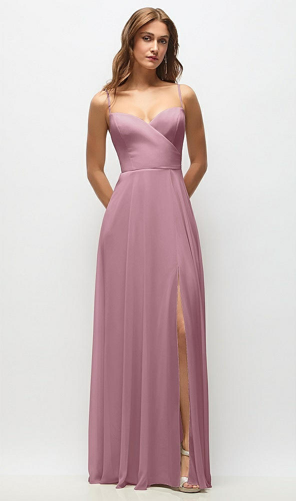 Front View - Dusty Pink Wrap Bodice Chiffon Maxi Dress with Adjustable Spaghetti Straps
