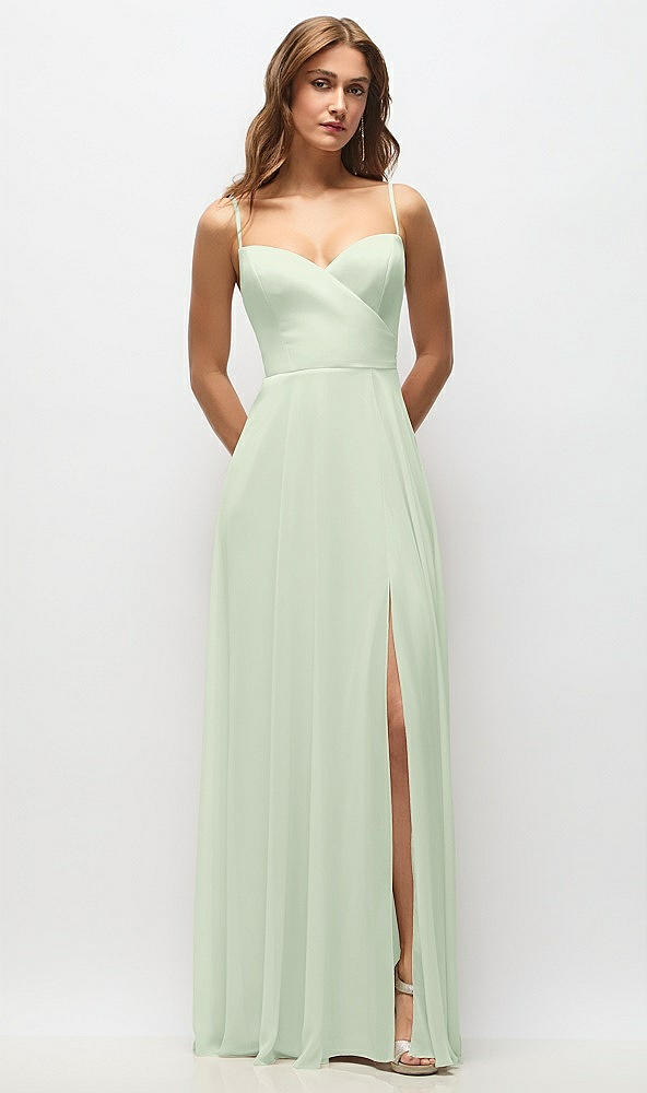 Front View - Mint Green Wrap Bodice Chiffon Maxi Dress with Adjustable Spaghetti Straps