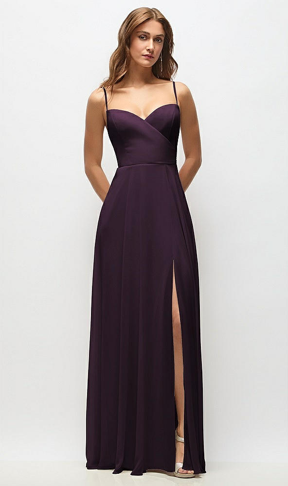 Front View - Aubergine Wrap Bodice Chiffon Maxi Dress with Adjustable Spaghetti Straps