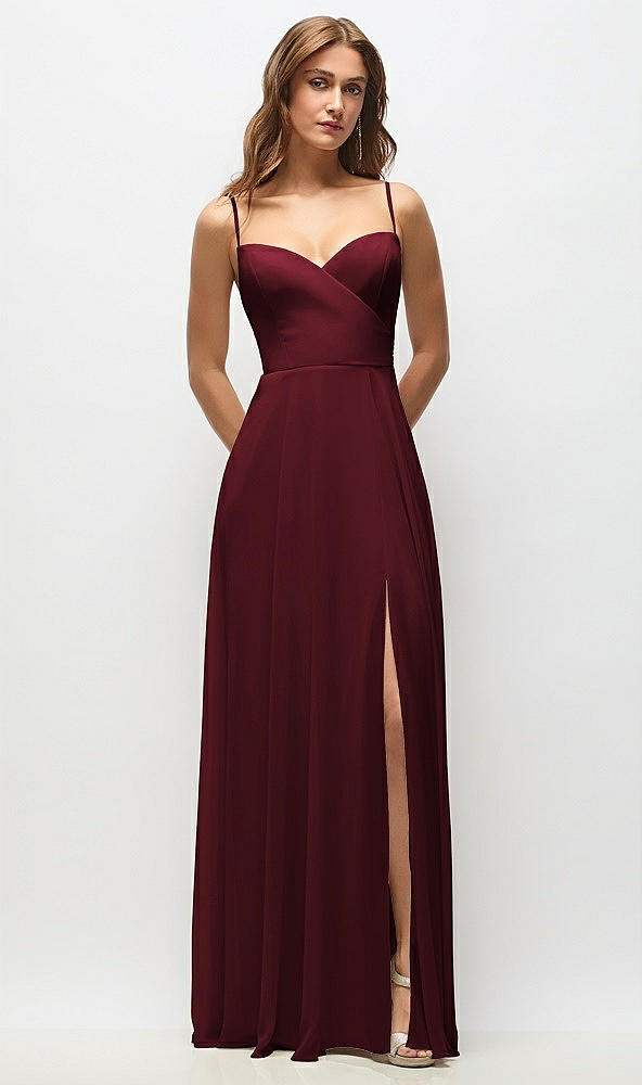 Front View - Cabernet Wrap Bodice Chiffon Maxi Dress with Adjustable Spaghetti Straps
