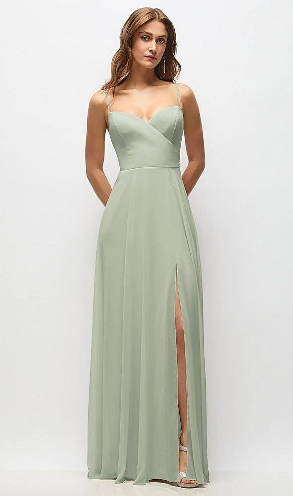 Front View - Celadon Wrap Bodice Chiffon Maxi Dress with Adjustable Spaghetti Straps
