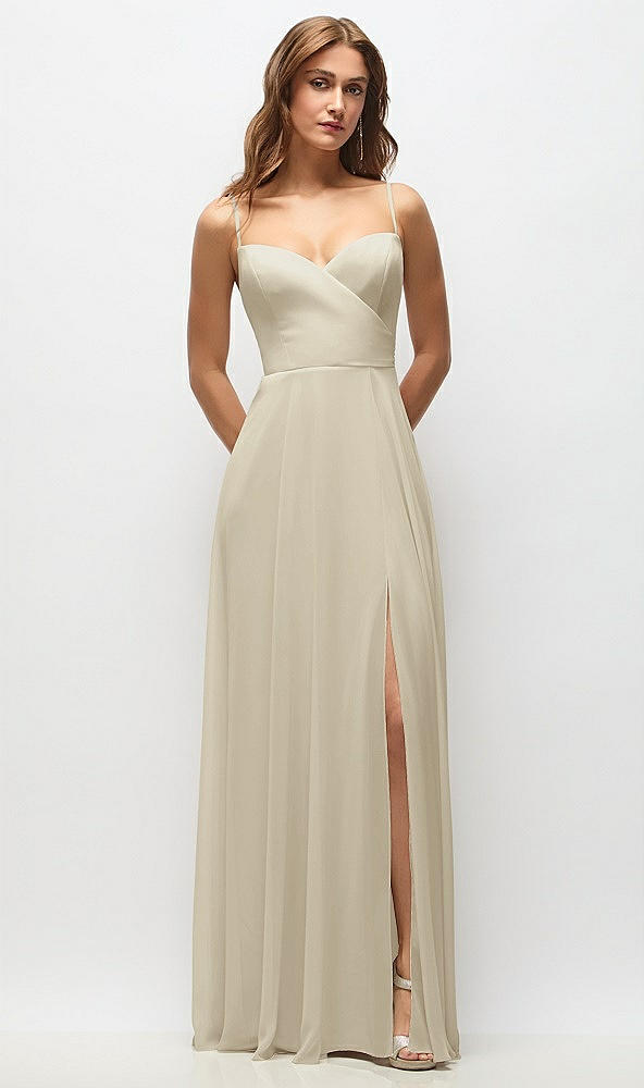 Front View - Champagne Wrap Bodice Chiffon Maxi Dress with Adjustable Spaghetti Straps