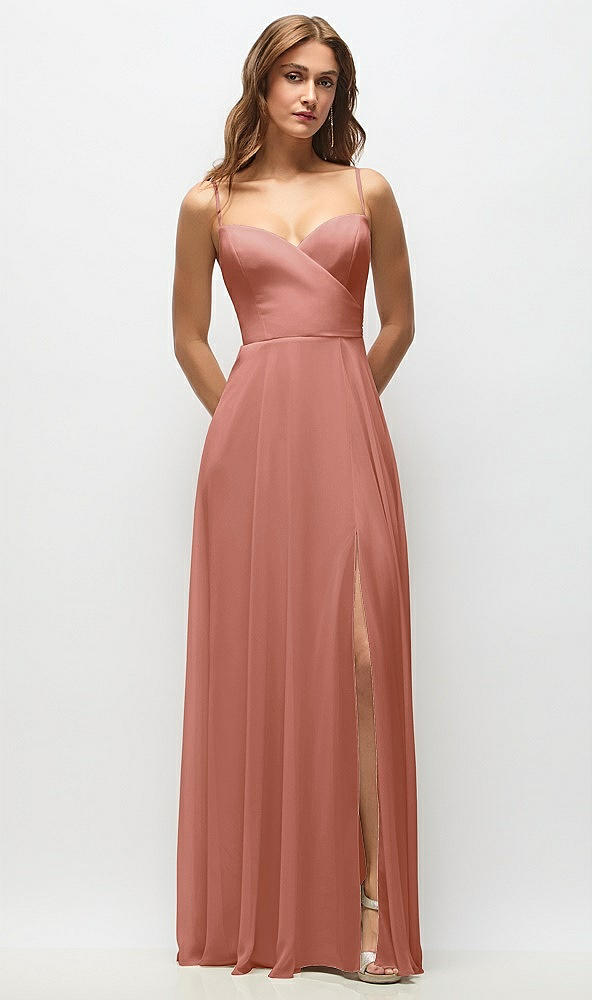 Front View - Desert Rose Wrap Bodice Chiffon Maxi Dress with Adjustable Spaghetti Straps