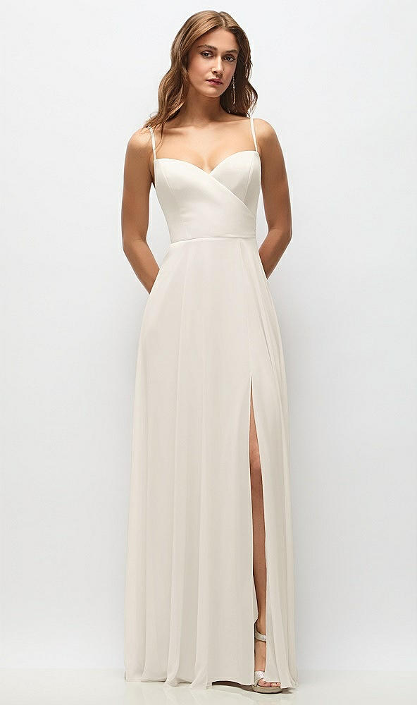 Front View - Ivory Wrap Bodice Chiffon Maxi Dress with Adjustable Spaghetti Straps