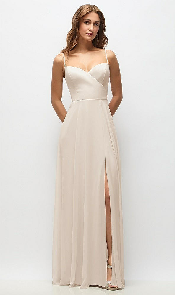 Front View - Oat Wrap Bodice Chiffon Maxi Dress with Adjustable Spaghetti Straps