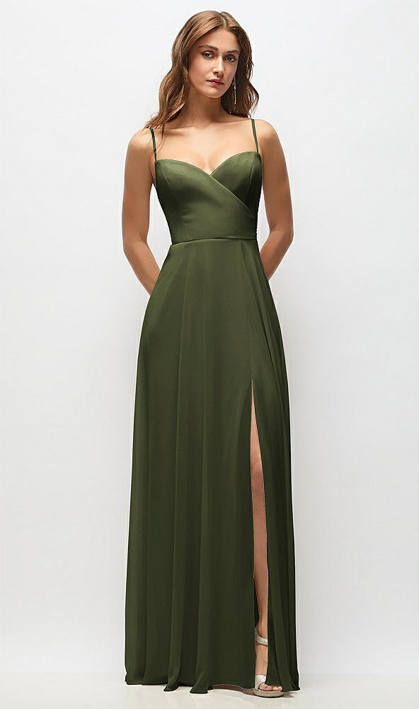Front View - Olive Green Wrap Bodice Chiffon Maxi Dress with Adjustable Spaghetti Straps