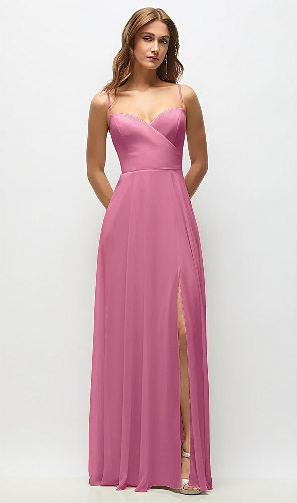 Front View - Orchid Pink Wrap Bodice Chiffon Maxi Dress with Adjustable Spaghetti Straps