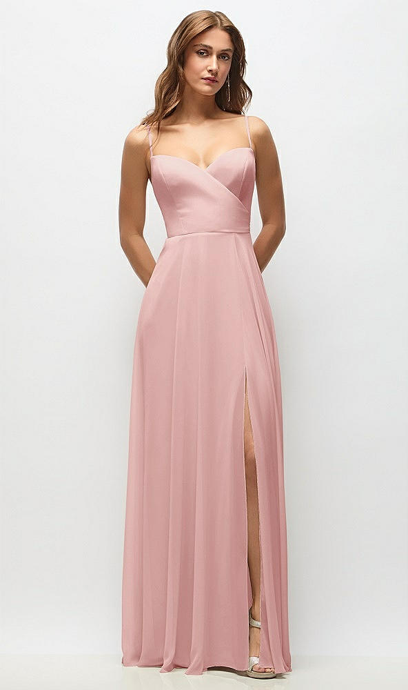 Front View - Rose Wrap Bodice Chiffon Maxi Dress with Adjustable Spaghetti Straps
