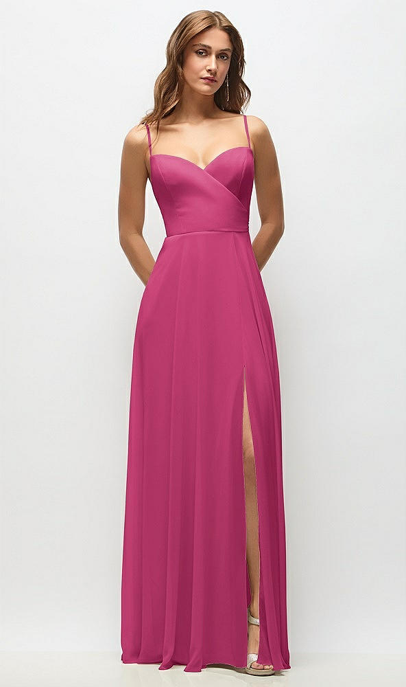 Front View - Tea Rose Wrap Bodice Chiffon Maxi Dress with Adjustable Spaghetti Straps