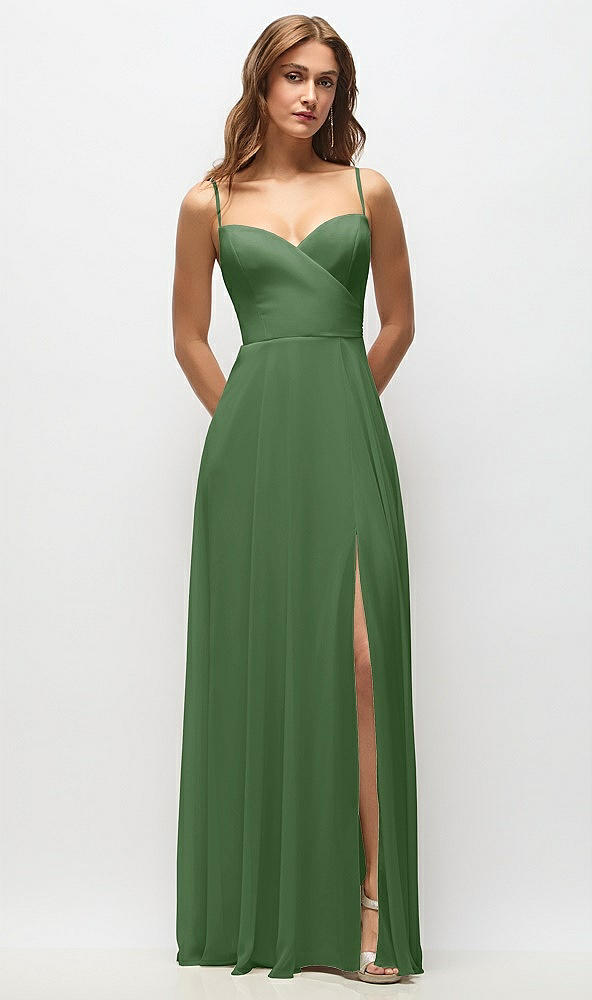 Front View - Vineyard Green Wrap Bodice Chiffon Maxi Dress with Adjustable Spaghetti Straps
