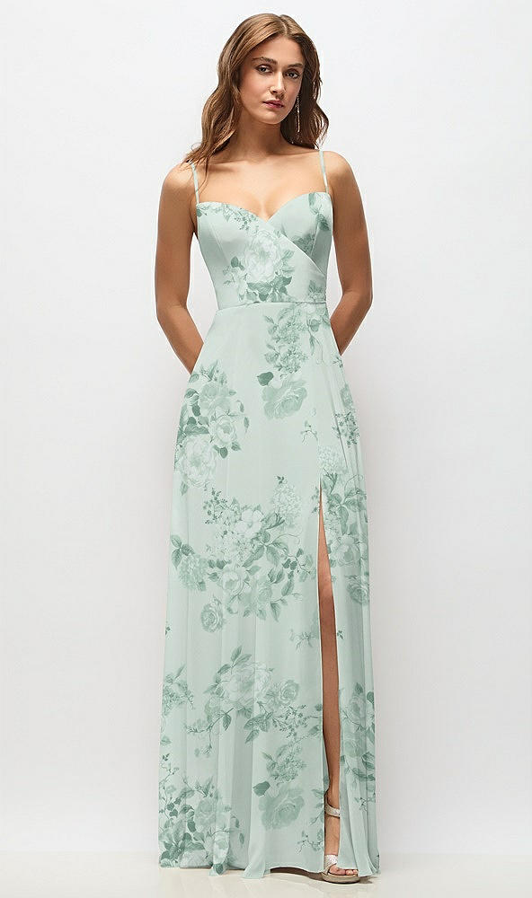 Front View - Mint Green Floral Wrap Bodice Floral Chiffon Maxi Dress with Adjustable Spaghetti Straps