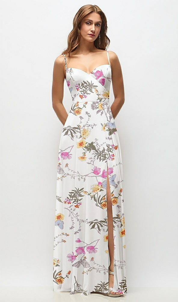 Front View - Butterfly Botanica Ivory Wrap Bodice Floral Chiffon Maxi Dress with Adjustable Spaghetti Straps