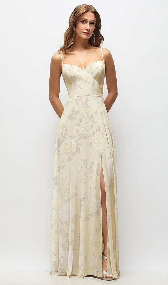 Front View - Butter Yellow Floral Wrap Bodice Floral Chiffon Maxi Dress with Adjustable Spaghetti Straps