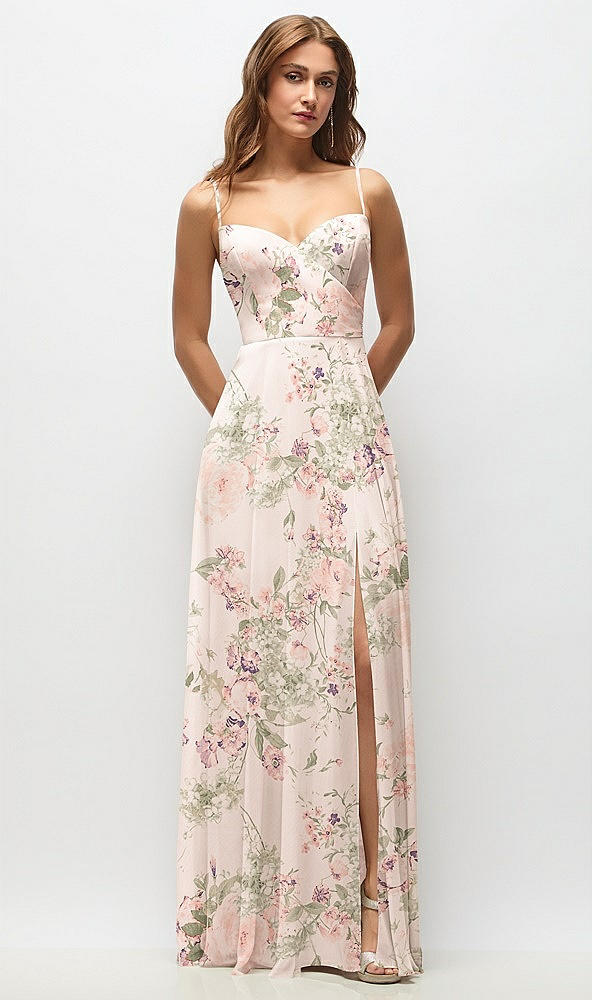 Front View - Blush Garden Wrap Bodice Floral Chiffon Maxi Dress with Adjustable Spaghetti Straps