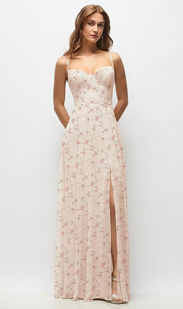 Front View - Coquette Floral Print Wrap Bodice Floral Chiffon Maxi Dress with Adjustable Spaghetti Straps