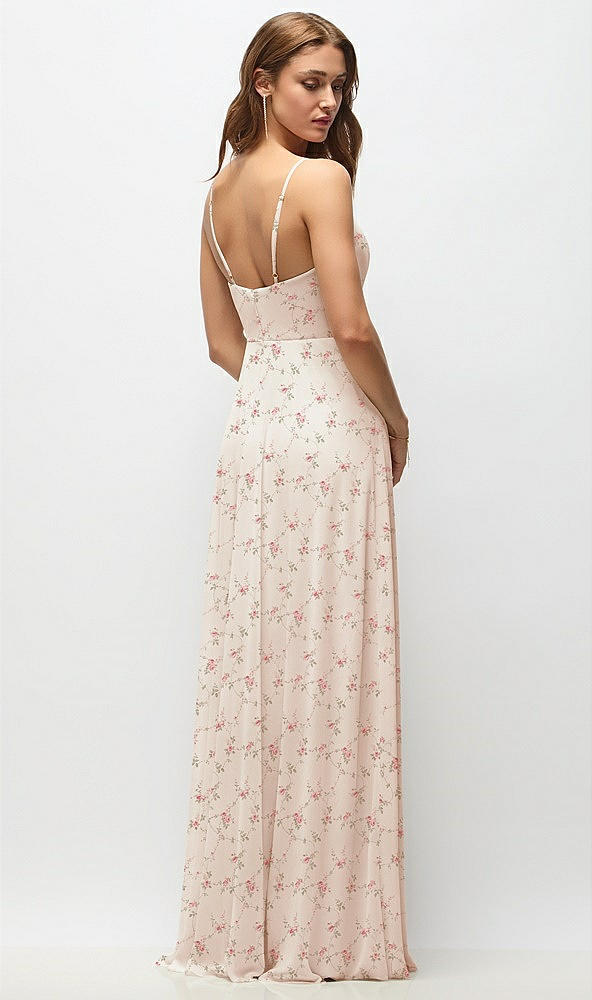 Back View - Coquette Floral Print Wrap Bodice Floral Chiffon Maxi Dress with Adjustable Spaghetti Straps