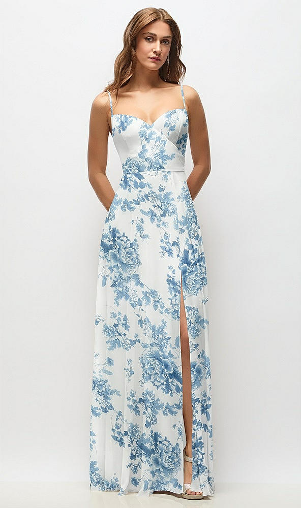 Front View - Cottage Rose Dusk Blue Wrap Bodice Floral Chiffon Maxi Dress with Adjustable Spaghetti Straps