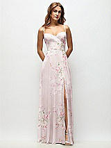 Front View Thumbnail - Watercolor Print Wrap Bodice Floral Chiffon Maxi Dress with Adjustable Spaghetti Straps