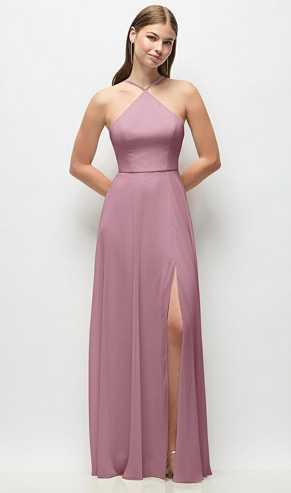 Front View - Dusty Pink High-Neck Halter Chiffon Maxi Dress with Adjustable Spaghetti Straps