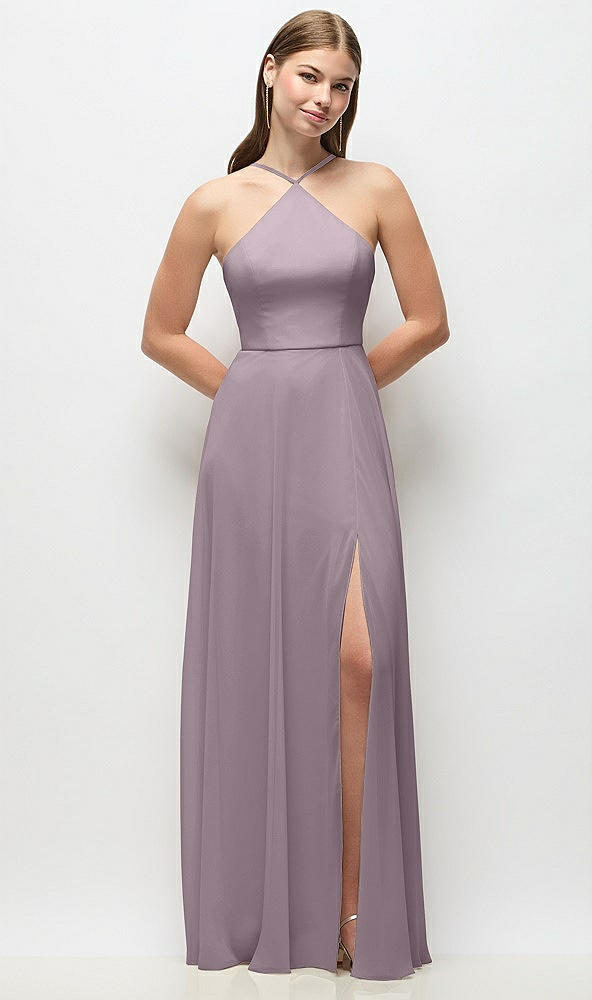 Front View - Lilac Dusk High-Neck Halter Chiffon Maxi Dress with Adjustable Spaghetti Straps