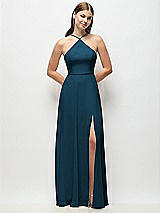 Front View Thumbnail - Atlantic Blue High-Neck Halter Chiffon Maxi Dress with Adjustable Spaghetti Straps